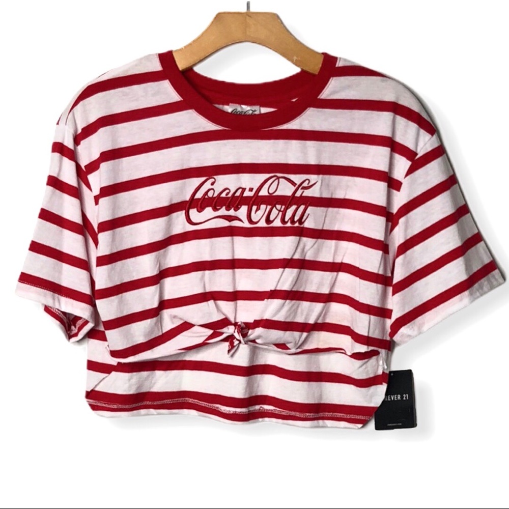 Coca Cola Striped Tie Front Cropped Tee